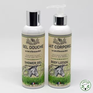 Gel de ducha Duo e leite corporal com leite de burro orgânico.