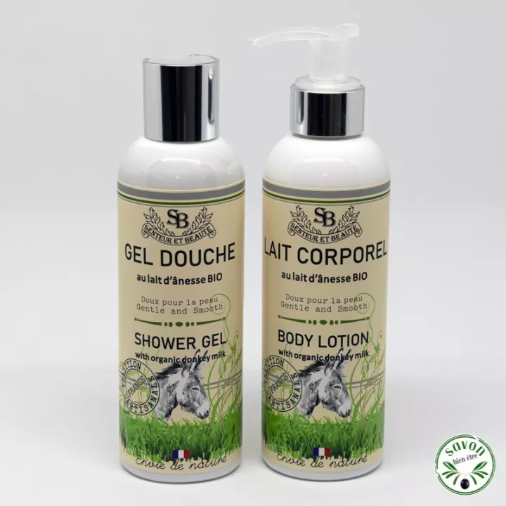 Duo gel douche et lait corporel au lait d'ânesse bio.