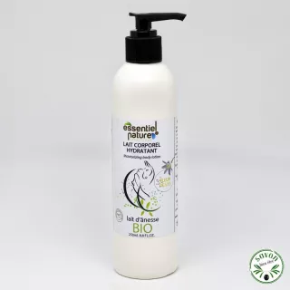 Leite corporal com leite de burra orgânico, aloe vera orgânico, fragrância de flor de lis.