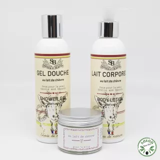 Duschgel-Körpermilch-Tagescremepackung mit Bio-Ziegenmilch