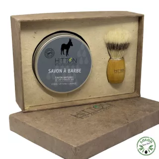 Coffret cadeau savon à barbe 30 % lait d’ânesse bio avec son blaireau.