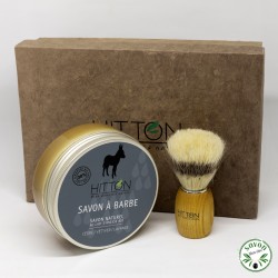 Gift box for 30% organic donkey milk shaving soap with shaving brush.